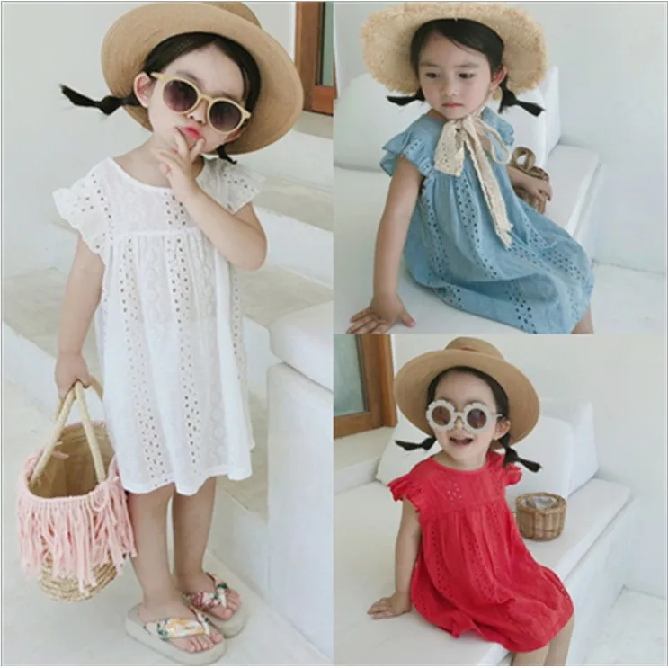 

Girls Lace Summer Dress Summer New Children Fly Sleeveless Solid Color Dresses for 3 - 7 Years Cotton A-line Casual Dress