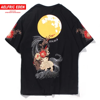 

Aelfric Eden 2020 Summer Chinese Style Loose Oversize Streetwear Couple Short Sleeves Moon Print Rabbit Embroidery T Shirt Men