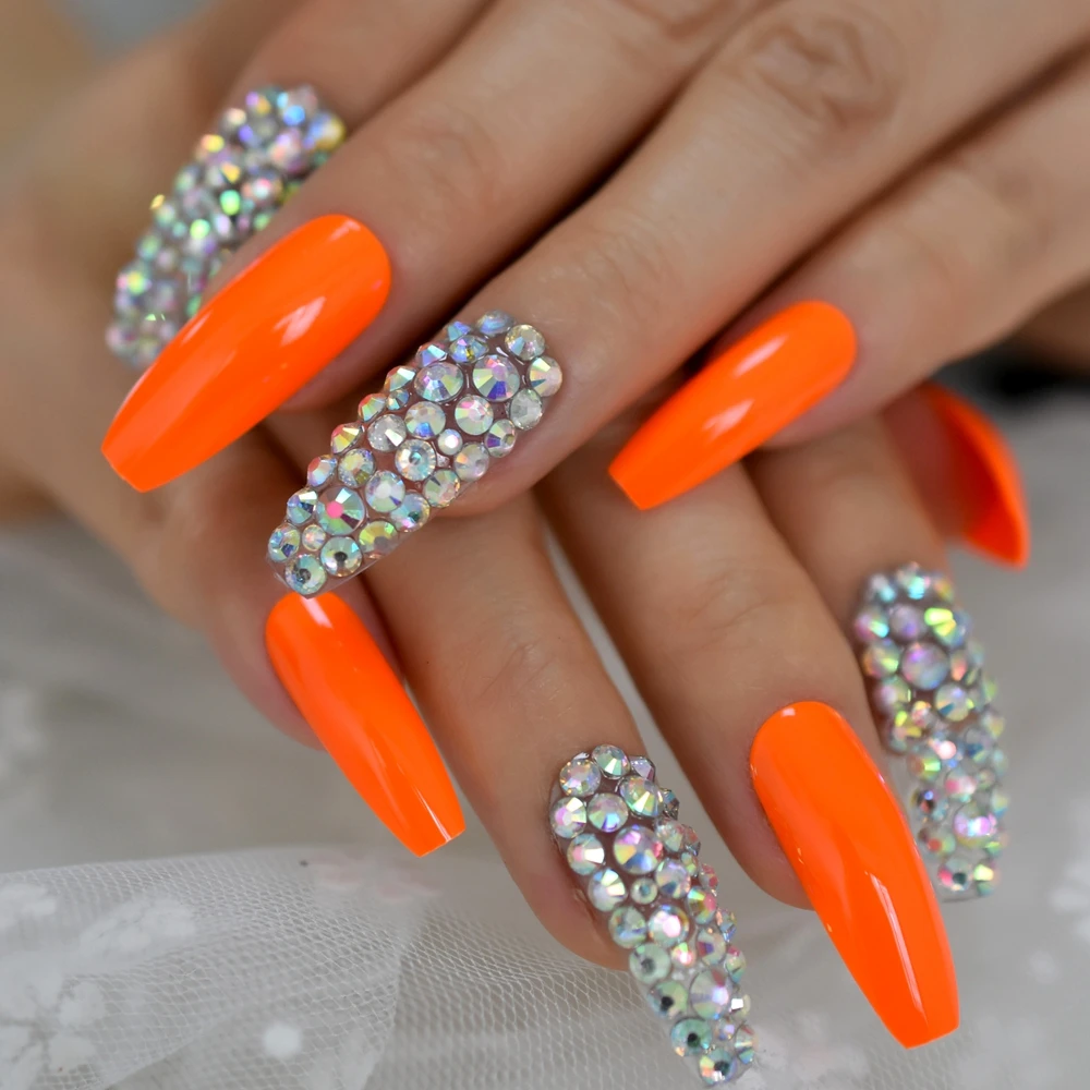 Bright Neon Orange Press On False Nails 3d Diamond Extra Long Coffin Ballerina Uv Fingersnails Free Adhesive Tapes False Nails Aliexpress