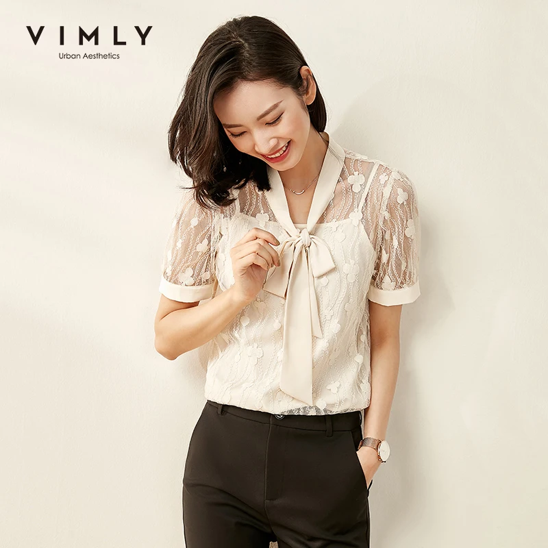 Vimly 2020 Summer Women Lace Hollow Blouse with Camisole Office Lady Elegant Bow Collar Short Sleeve Slim Female Shirts F1223 Vimly 2020 Summer Women Lace Hollow Blouse with Camisole Office Lady Elegant Bow Collar Short Sleeve Slim Female Shirts F1223