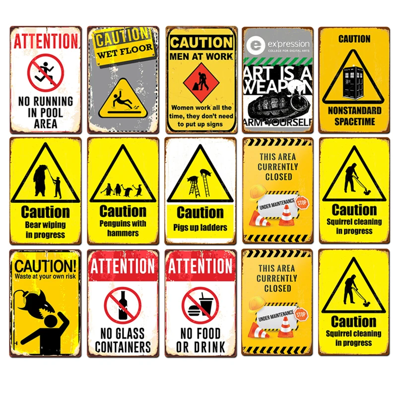 

No Parking Caution Recycle Yellow Warning Signs Public Factory Wokeshop Metal Signage Wall Pin Up Tin Sign Iron Plate Plaques