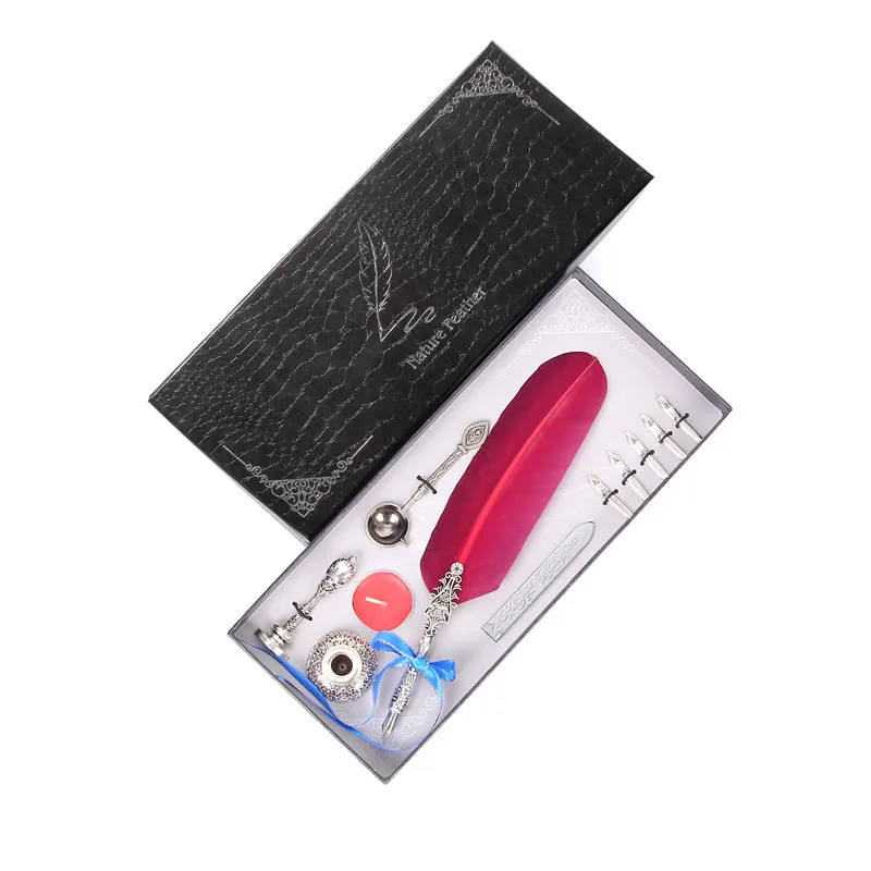 European Retro Writing Feather Pen English Calligraphy Feather Pen Pen Creative Stationery Factory Direct Writing Ink Set - Цвет: Red wine