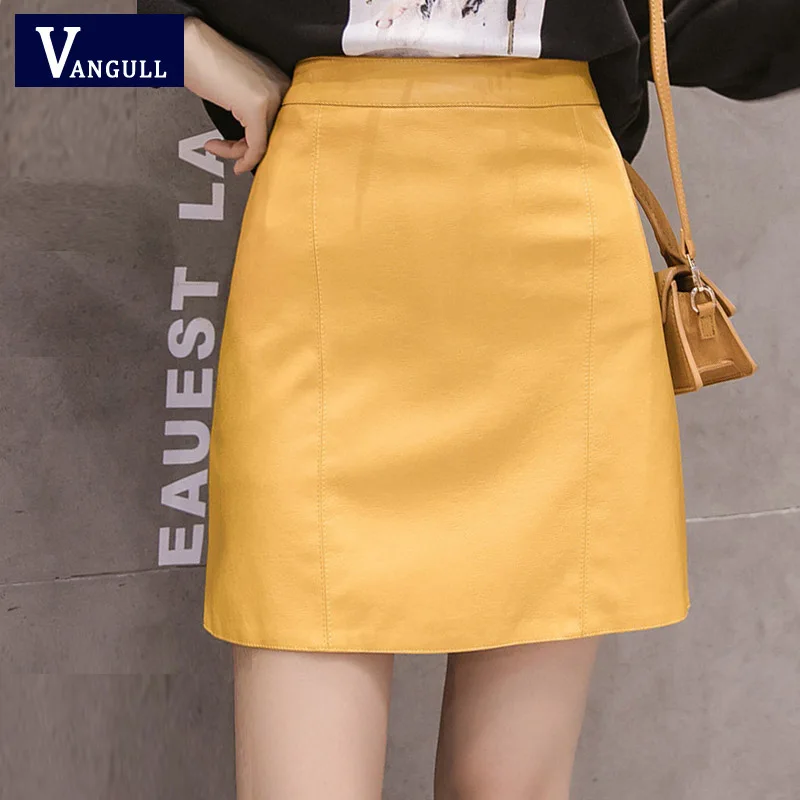 Vangull, Женская юбка из искусственной кожи, новая, повседневная, летняя, модная, элегантная, высокая талия, мини юбка, для девушек, трапециевидная, короткая, юбки, черный, желтый