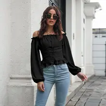 

Women Black Sexy Off-shoulder Short T-shirt Crop Top 2021 Fall Fashion Bandage Pleated Long Sleeve Chiffon Harajuku Office Lady