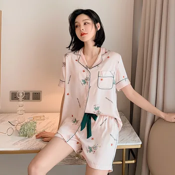 

Summer Lady Pajamas Set Satin Casual Nightgown Shirt&Shorts Print Cute Sleepwear Intimate Lingerie Silky Homewear Bathrohbe