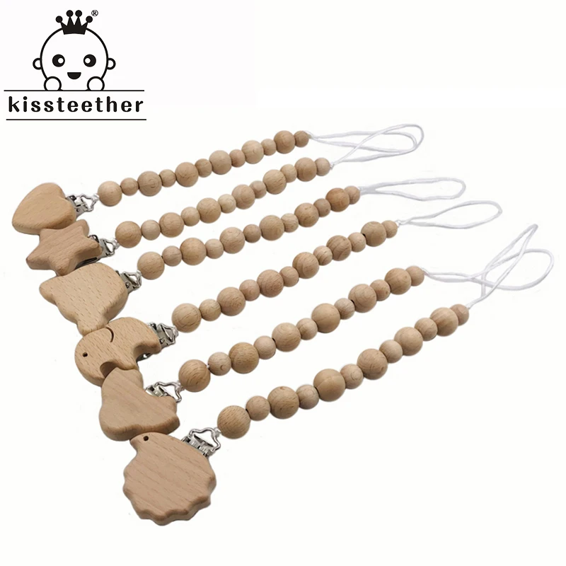 

Baby Teether Animal Pacifier Chain Organic Natural Teething Grasping Toy Beech Beads Toddler Teether Newborn DIY Baby Gift