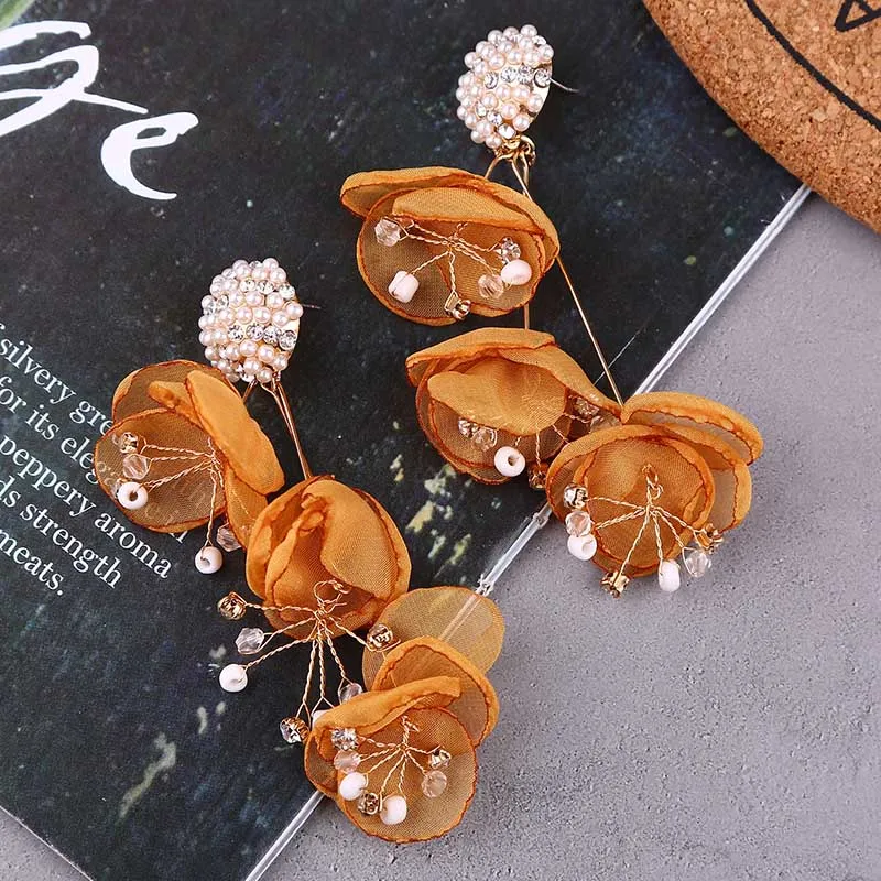 Vintage Long Handmade Weave Pearl Yarn Flower Drop Earrings For Women Boho Crystal Yellow Lace Earring Bohemian Jewelry Gifts | Украшения и
