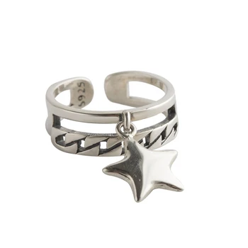

Double Layer Chain Open Ring 100% 925 Sterling Silver Jewelry Five-pointed Star Pendant Ring Antique Silver Elegant Women Ring