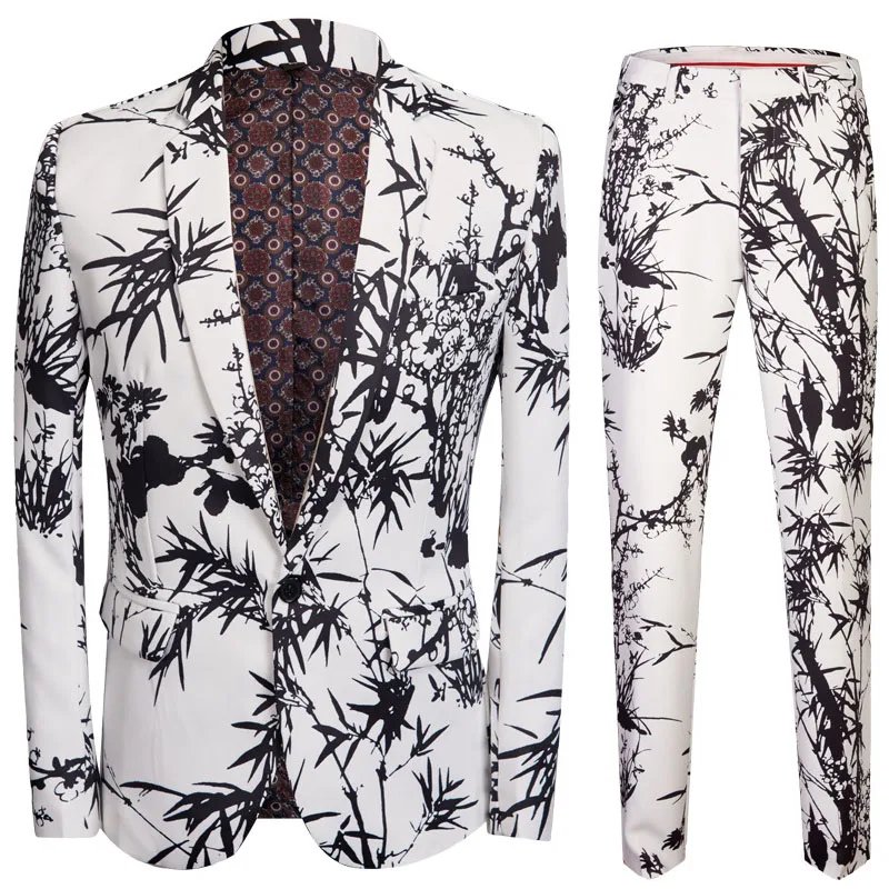 Panda bamboo напечатанный мужской костюм Slim fit 2 шт. бизнес-шоу костюм блейзеры брюки белая Свадебная вечеринка