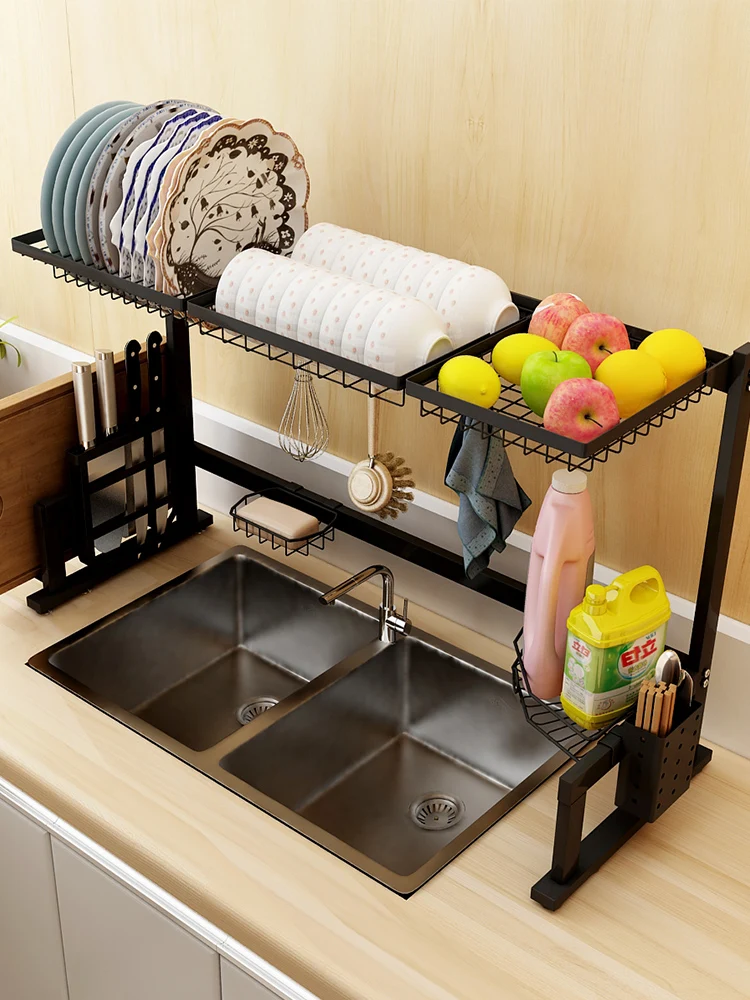 

Kitchen sink top shelf drain stainless steel floor multi-function storage cutting board chopsticks cage dish rack