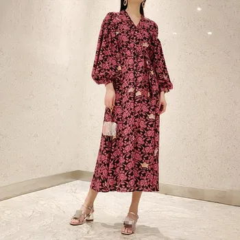 

2019 Women Lantern Sleeve Bowknot Vintage Dress Fashion High Waist A-Line Long Dress Loose V Neck Print Summer Dress