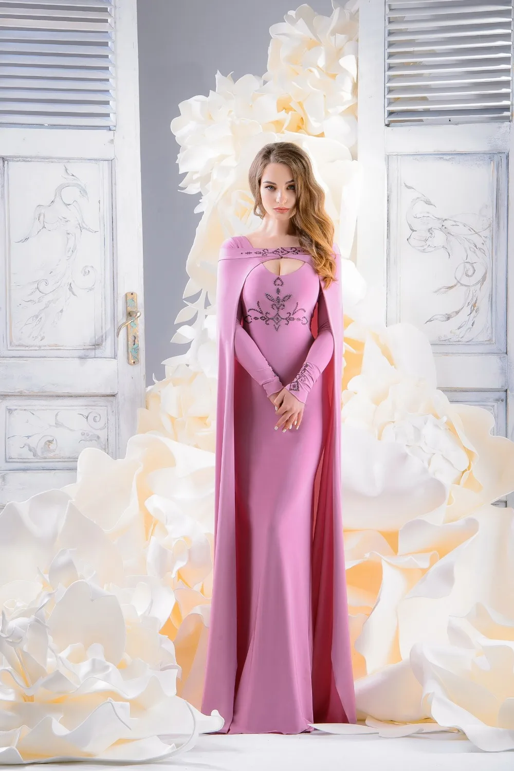 

Hot 2015 Charming Elegant Beaded Long Evening Prom Dresses For Party High Quality Cloak Two Piece Lady Formal DressFPD35