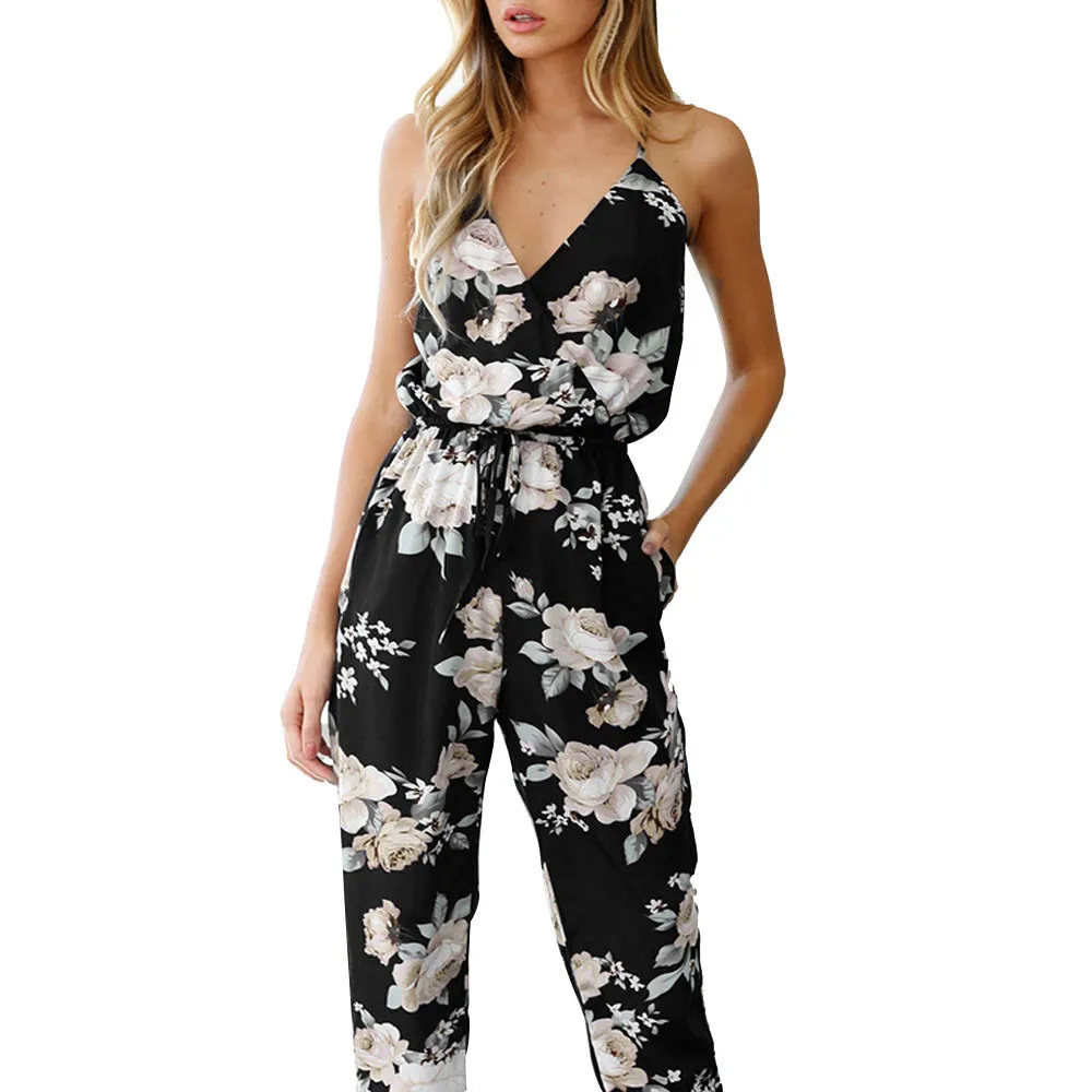 Jumpsuit women's summer fresh and fresh personality women's sleeveless V-neck backless print trousers party jumpsuit 점프 슈트