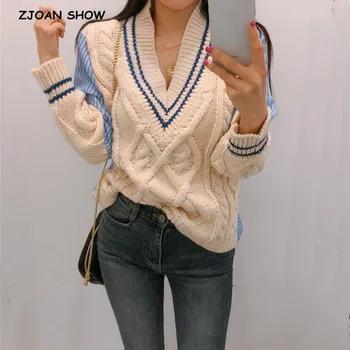 

2019 Autumn Winter Women's Sweaters Stitching V-Neck Casual Minimalist Tops Fashionable Korean Style Knitting Ladies SW9186