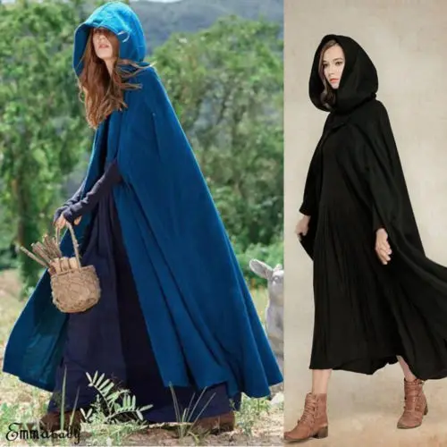 Women Winter Long Cape Cloak Warm Robe Wool Hooded Cloak Jacket Windproof Poncho Coat Costume