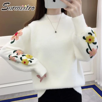 

SURMIITRO Floral Embroidery Mink Cashmere Knitted Sweater Women 2020 Autumn Winter Korean Warm Jumper Pullover Female Knitwear