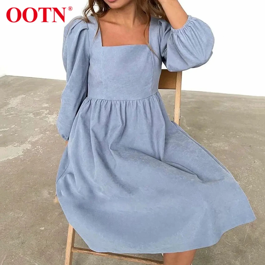 OOTN Velvet Cozy Elegant Dress Square Neck Wrist Lantern Sleeve Sweet Casual Women's Dresses