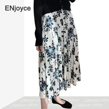 

2020 Spring Summer Runway Chiffon Floral Long Skirt Personality Retro Style High Waist Ruched A-Line Party Ladies Skirts Women