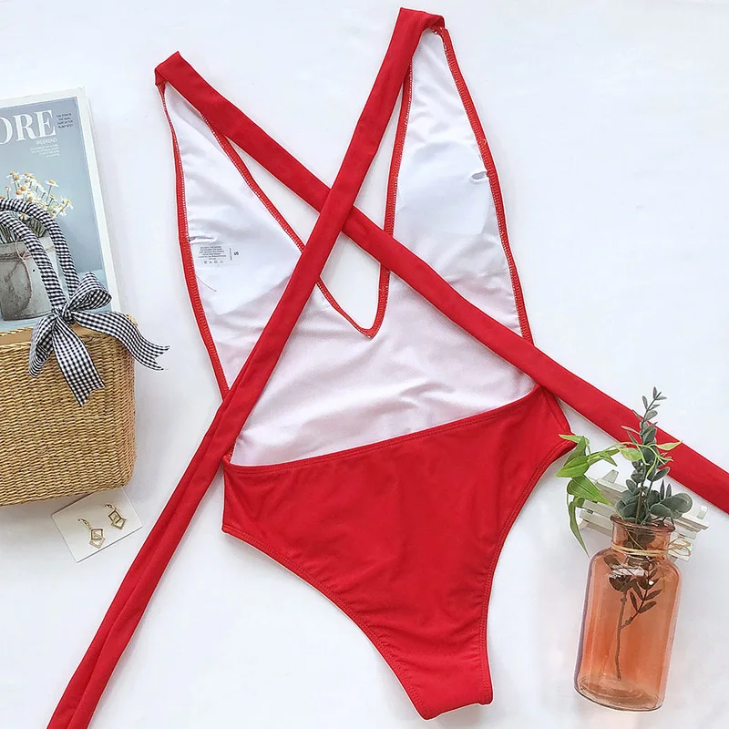 INGAGA 2020 Plunging Swimsuit One Piece High Cut Swimwear Women Cross Bandage Beachwear Summer Backless Bathing Suit Women-5