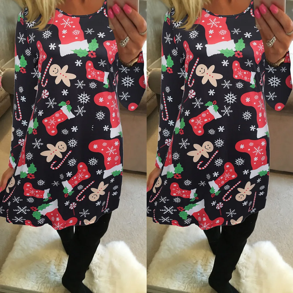 

S-2XL Plus Size Tunic Autumn Women Dresses Casual Snow Tree Print Christmas Dress Ladies Loose Long Sleeve Party Dress Vestidos