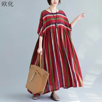 

Women Summer Dress Sundress Vintage Striped Cotton Robe Plus Size Linen Big Swing Dress Female 4XL 5XL 6XL Maxi Dresses 2020 New