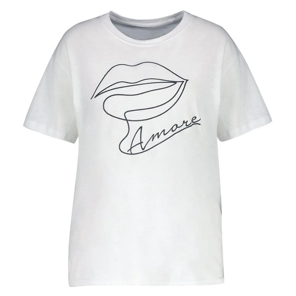 

Plus Size Women Clothes Simple Lip Letter Printing Solid Color Round Neck Loose T-shirt Women Clothing 5xl 6xl 7xl