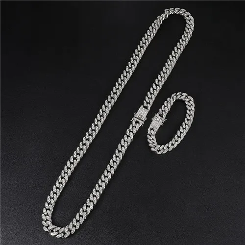 1Set Full Iced Out Paved Rhinestones 13MM Gold Silver Miami Curb Cuban Chain CZ Bling Rapper Necklaces For Men Hip Hop Jewelry - Окраска металла: Necklace Bracelet