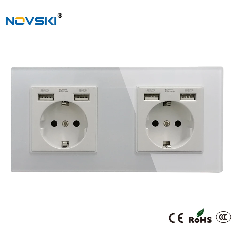 EU Schuko Multi USB Plug Wall Crystal Glass Panel Power Socket Grounded, 16A Quadruple Electrical Socket White, 5 Years Warranty