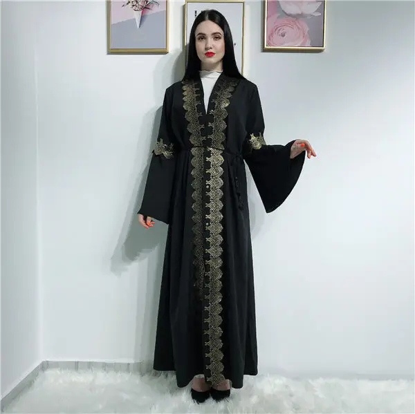 Винтажная женская мусульманская абайя цветок Дубай, Турция, мусульманская одежда, Caftan восточный женский халат для женщин Рамадан Катара Омани Elbise хиджаб - Цвет: Черный