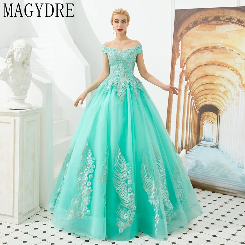 As Picture Вышивка Тюль Элегантные бордовые платья Quinceanera красный/зеленый сексуальное бальное платье с открытыми плечами MAGYDRE - Цвет: As Picture