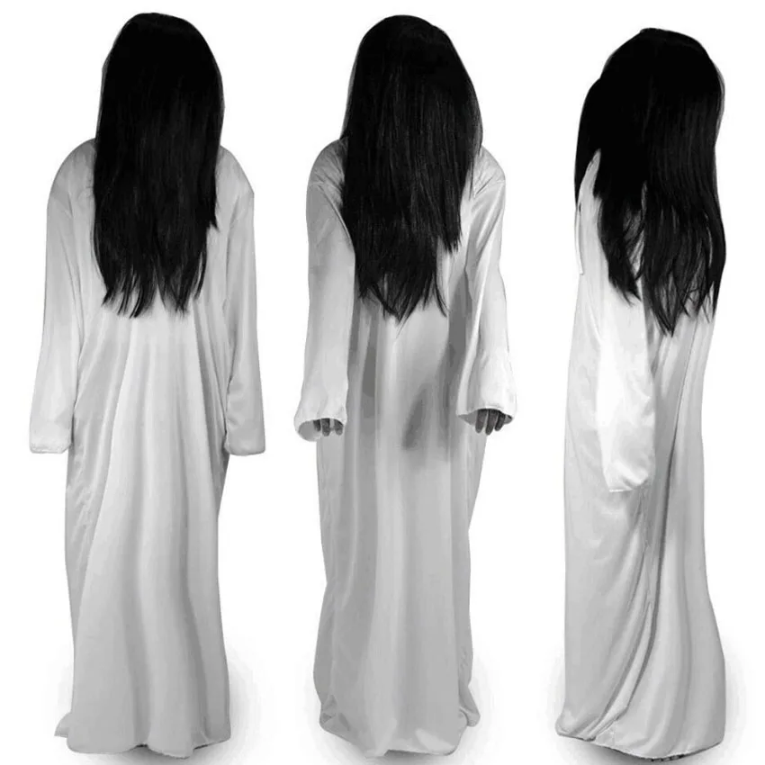 White Red Solid Plus Size Woman Gown Sadako Halloween Masquerade Scary Costumes with Wig Bride Terror Robe Dress for Female
