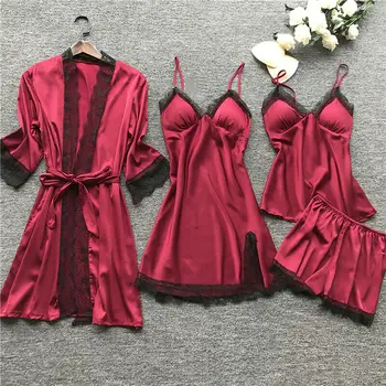 

Women Satin Sleepwear Silk 4-piece Strap Lace Lounge Pajamas with Chest Pads