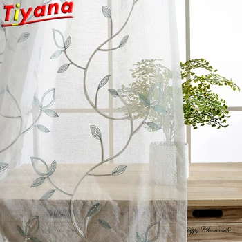 

Blue Leaves Embroidered Tulle Curtains for Living Room Elegant White Sheer Voile for Bedroom Kitchen Balcony X-WP055#30