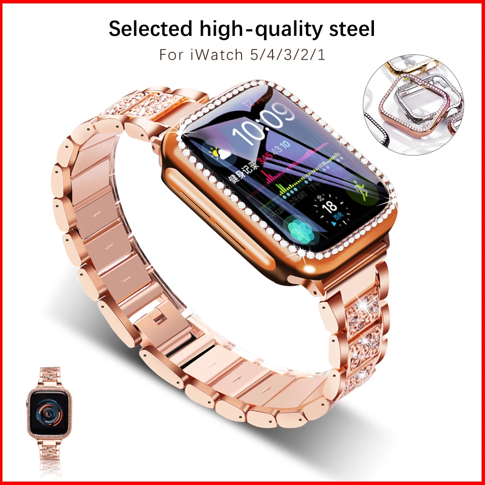 

Stainless steel strap + diamond case for Apple Watch serie 5 4 3 2 1 38mm 42mm iwatch 40mm 44mm bracelet wrist accessory
