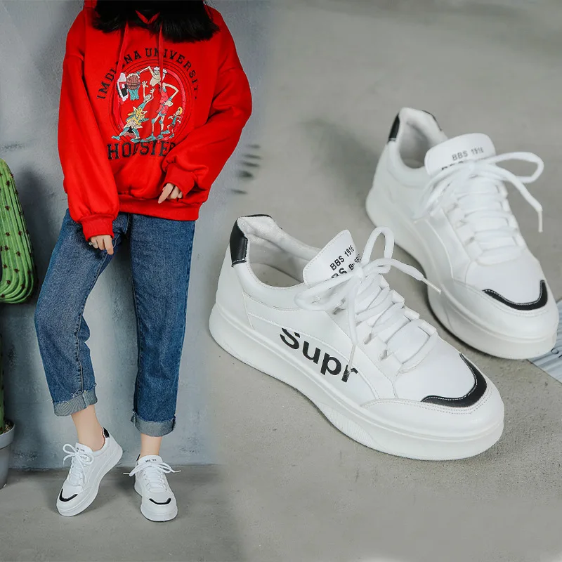 

Sports Footwear Women's 2019 Summer New Style Korean-style Students Lace-up round Shallow Mouth Flat Versatile Mixed Colors Whit