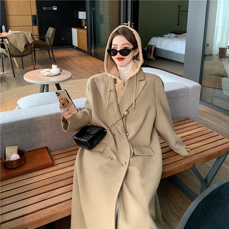 

Autumn And Winter Leisure And Elegant Long Coat Woolen Coat Solid Color Jacket Coat Hooded Double-Breasted