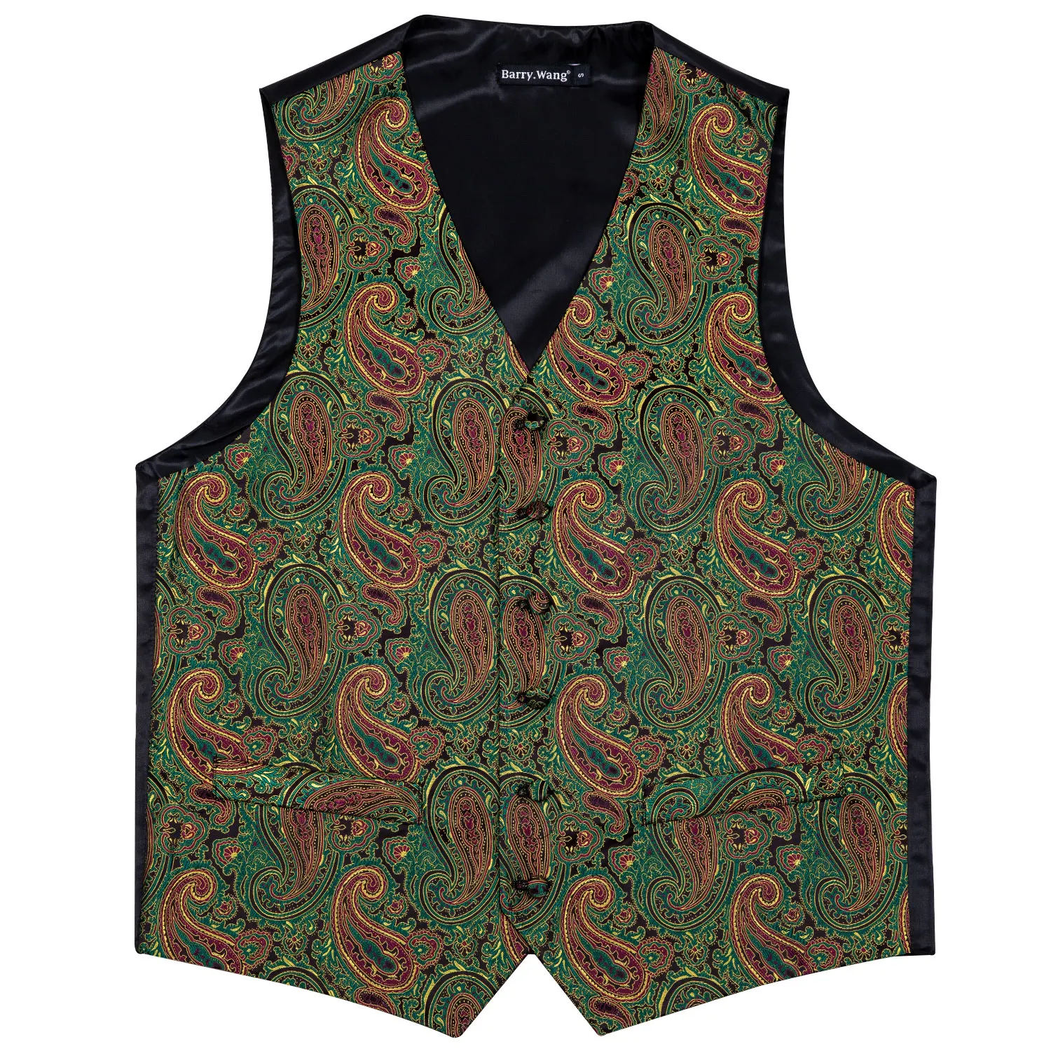 4PC Mens Silk Vest Party Wedding Green Paisley Solid Floral Waistcoat Vest Pocket Square Tie Slim Suit Set Barry.Wang BM-2015