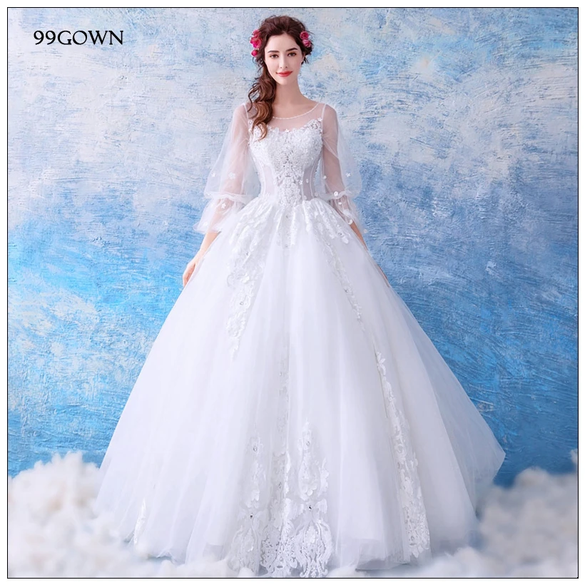 99GOWN, простое 2019 свадебное платье для женщин, рукав три четверти, расклешенный рукав, а-силуэт, Свадебное бальное платье, вышивка на