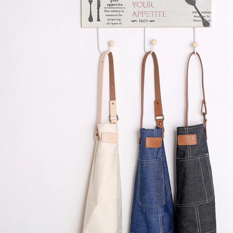 Fashion Nordic Style Whole Cotton Unisex Leather Denim Apron Coffee Shops Work Cleaning Aprons For Woman Kitchen Baking Black