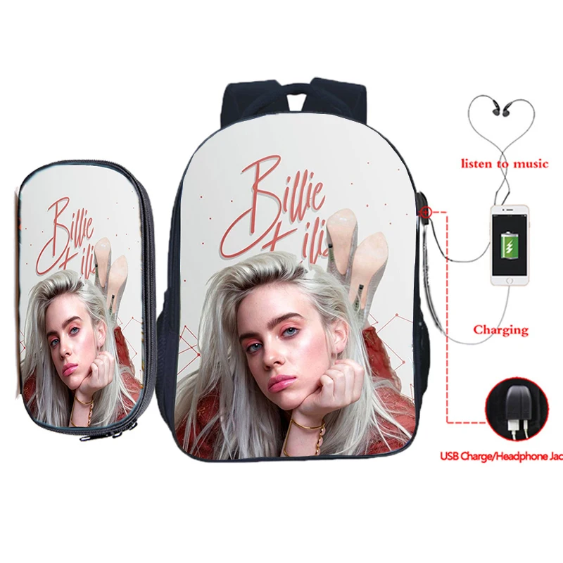 22 Billie Eilish рюкзак для зарядки через usb 2 шт./компл. школьная сумка для подростков мальчиков и девочек рюкзак для ноутбука пенал Дорожная сумка на плечо - Цвет: 22