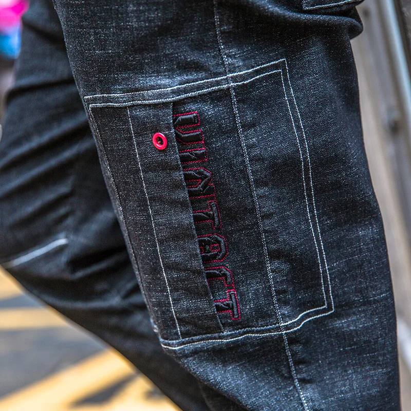 Men Streetwear vintage Letter embroidery blue Cotton jeans Hip hop man Casual motorcycle Joggers denim trousers Plus Size 46