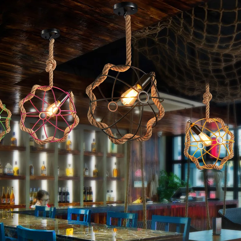 

American Village Retro Hemp Ball Chandelier Industrial Garden Restaurant Living Room Lamp industrial lamp