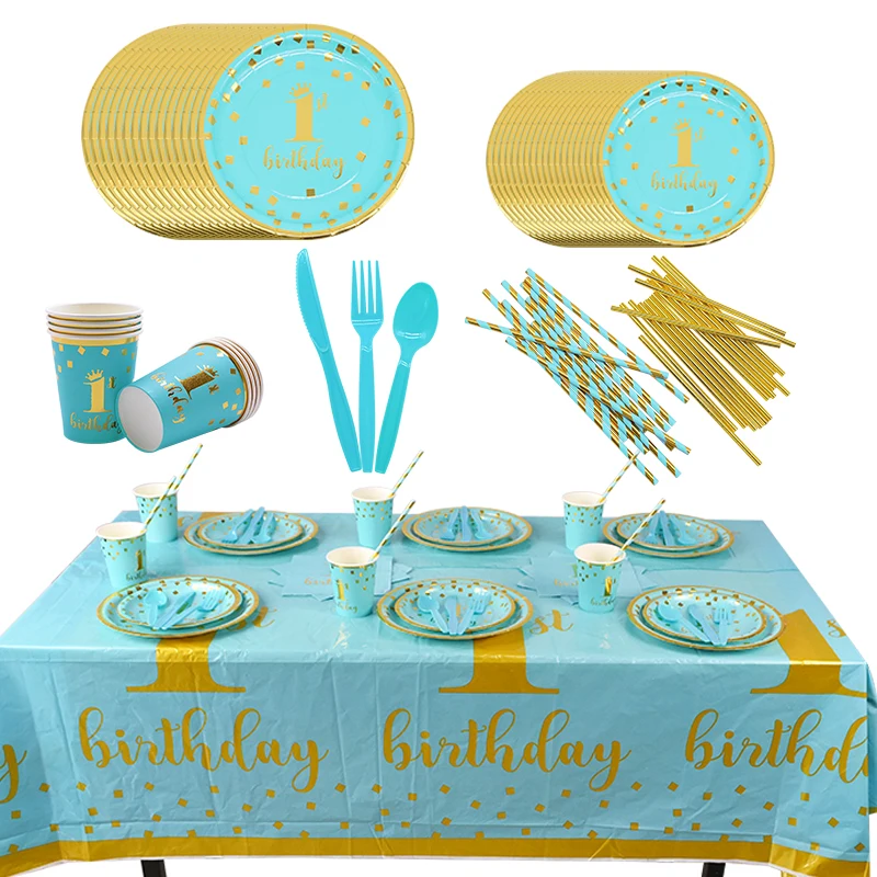 

ONE Set 1st Year Old Blue Disposable Tableware Plates Cups Napkins First Birthday Boy Party Decorations Kids BABY Party Sypplies