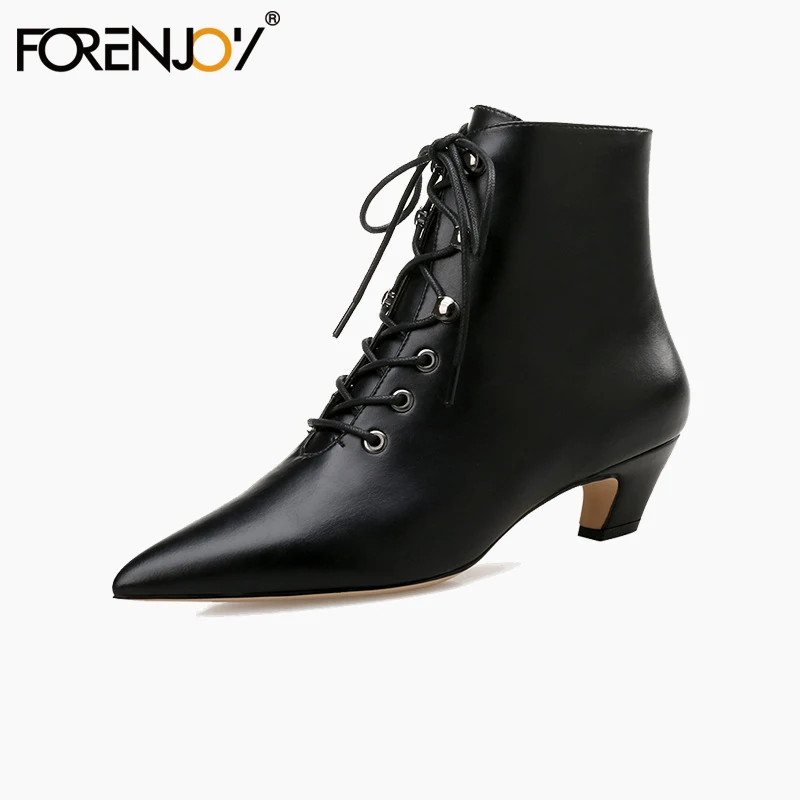 

FORENJOY Women Boots New Ladies Shoes Pumps Flock Leather Booties Autumn And Winter Fashion Sexy Lace-Up Pointed Toe Low Heels