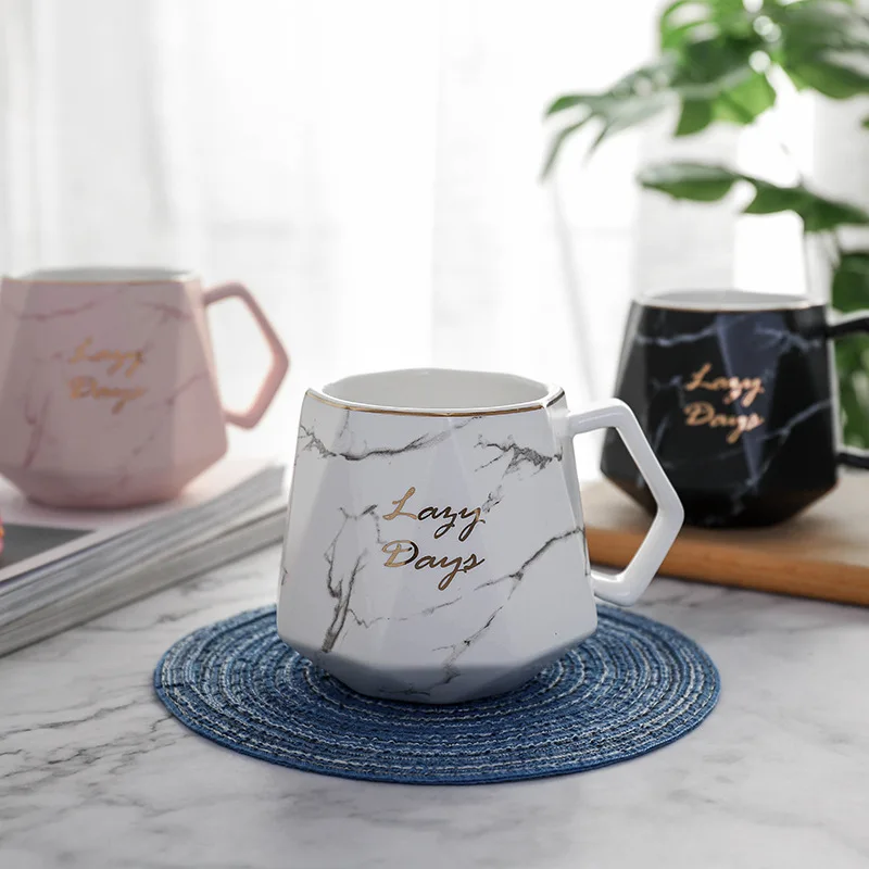 Nordic Ins Marble Creative Ceramic Cup Diamond Office Business Mug Large Capacity Coffee Tea Pink/White/Black Drinks Mugs | Дом и сад