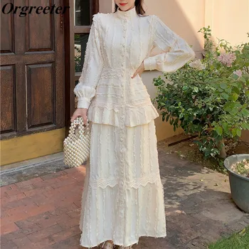 

Spring Romantic Velvet Tassel Deco Long Dress Women Single breasted Lantern sleeve Lace Trim Patchwork Maxi Dresses Vestidos