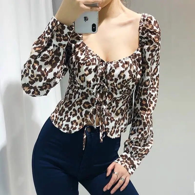 Стильный женский шифон рубашка осень 2019 Винтаж леопард печати квадратный