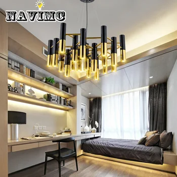 

Ike Pipe LED Chandelier Lamp Light Metal Tube Modern Black Gold Hanging Lamps for Living Dinning Room