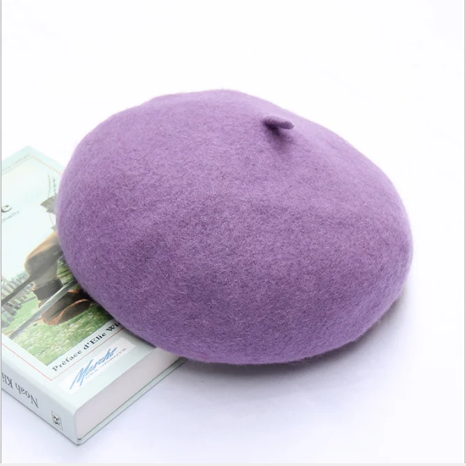 Women wool hat autumn winter thick beret lady autumn winter British painter cap version of the pure color of the bud cap - Цвет: Лаванда