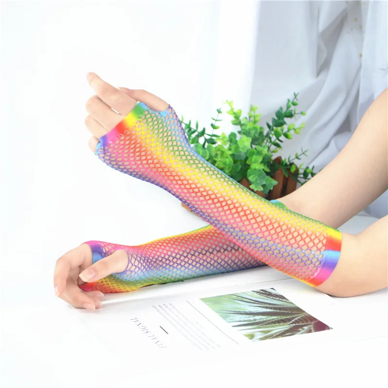Colored Nylon Long Fingerless Fishnet Gloves Elastic Stretch Funky Retro Mesh for Women Girls Kids Theme Dress-Up Party | Свадьбы и